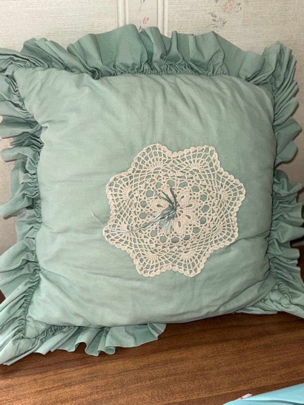 Vintage Seafoam Green Ruffle Throw Pillow with Crochet Appliqué